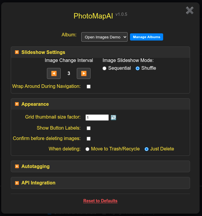 PhotoMapAI Settings Dialogue (Top)